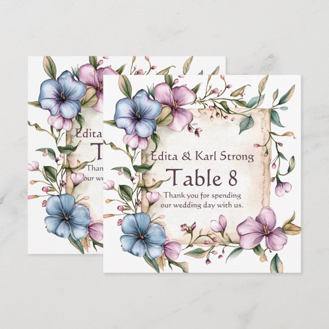 Numéro de table floral violet et bleu Merci (Devant / Derrière)