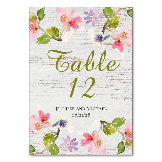 Numéro De Table Florales roses rustiques sur bois blanc Réservé (Par défaut)