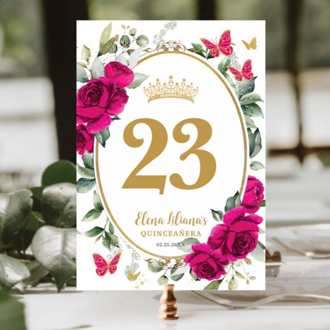 Numéro De Table Fuchsia Hot Pink Floral Butterflies Quinceanera XV (Créateur téléchargé)