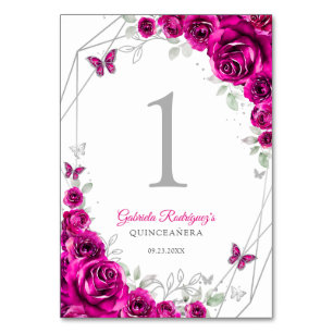 Numéro De Table Fuchsia Rose Argent Fleurs Quinceanera