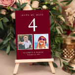 Numéro De Table Fun Photo Mariage rouge Bourgogne<br><div class="desc">Amusez-vous avec votre décor de réception de mariage avec ces cartes de numéro de table rouge bordeaux où chaque numéro de table correspond aux photos de la mariée et du marié au même âge. Par exemple, pour le tableau 4, personnalisez le numéro de tableau avec "4" et ajoutez des photos...</div>