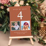 Numéro De Table Fun Photo Mariage Terracotta<br><div class="desc">Amusez-vous avec votre décor de réception de mariage avec ces cartes de numéro de table en terre cuite où chaque numéro de table correspond aux photos de la mariée et du marié au même âge. Par exemple, pour le tableau 4, personnalisez le numéro de tableau avec "4" et ajoutez des...</div>