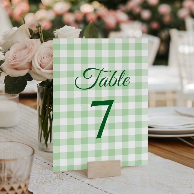 Numéro De Table Gingham carreaux vert pâle Calligraphie élégante (Pale Green Gingham Plaid Elegant Calligraphy Table Number)