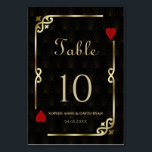 Numéro De Table Glam Gatsby Casino Las Vegas Mariage de poker<br><div class="desc">Unique Casino Royale et Great Gatsby conception de carte à thème. Il présente un style art déco vintage, un cadre rompu de Roaring des années 1920 avec fausse feuille d'or Fleur-de-lis, coeurs rouges, Q et K sur deux coins (simulant les cartes à jouer). Sur le dos faux motif Art Déco...</div>