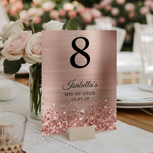 Numéro De Table Glitter Rose Gold Foil Mis XV Anos (Glittery Rose Gold Foil Mis XV Anos Table Number)