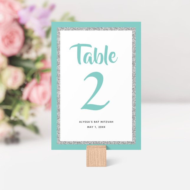 Numéro De Table Glittery Bat mitzvah Turquoise et Silver (Créateur téléchargé)