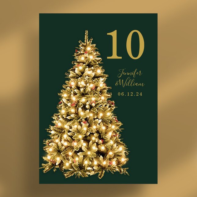 Numéro De Table Gold Festin Arbre de Noël Mariage de vacances Vert (Gold Festive Christmas Tree Holiday Wedding Green Table Number)