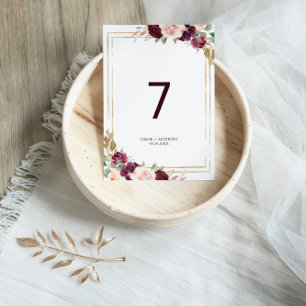 Numéro De Table Gold Géométrique Vert Blush Bourgogne Mariage Flor