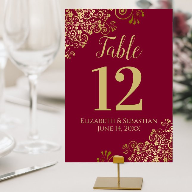 Numéro De Table Gold & Maroon Burgundy Elegant Frilly Mariage (Customize/Order Each Card Individually)