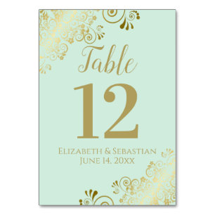 Numéro De Table Gold & Neo Mint Green Élégant Mariage de frilly
