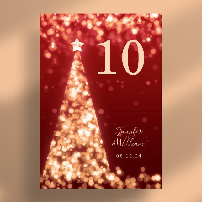 Numéro De Table Gold Red Festive Xmas Tree Mariage (Gold Red Festive Xmas Tree Holiday Wedding Table Number)
