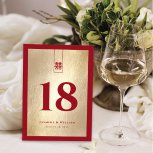 Numéro De Table Gold Red Tall Rectangle double Xi Mariage chinois