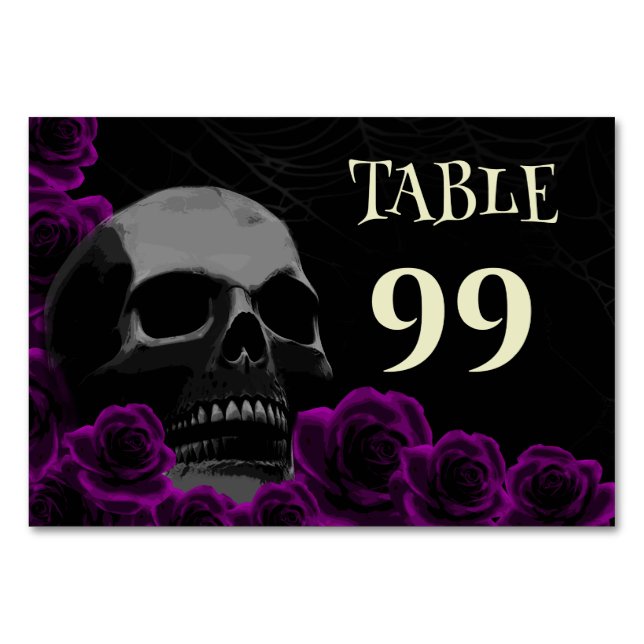 Numéro De Table Gothique Crâne violet Roses Éffrayant Halloween We (Devant)