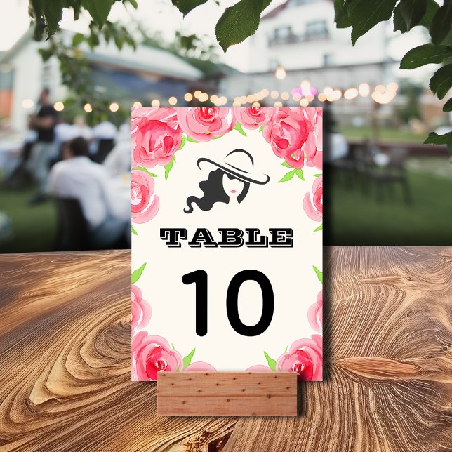 Numéro De Table Grand Casquette | Roses d'aquarelle Derby Party (Big Hat and Roses Derby Party Table Number Cards 3.5" x 5" - ultra thick cards or semi-gloss)