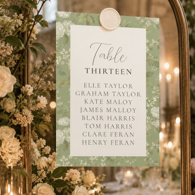 Numéro De Table Graphique de placement de mariage floral vert élég (Elegant Green Floral Wedding Seating Chart Table Number)