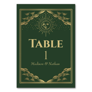 Numéro De Table Green Gold Sun et Moon Tarot Mariage gothique