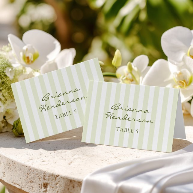 Numéro De Table Green Stripe Wedding Escort Name Cards (Créateur téléchargé)