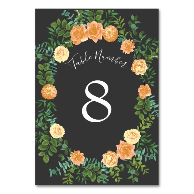 Numéro De Table Gris foncé Pêche Mariage Floral moderne (Dos)