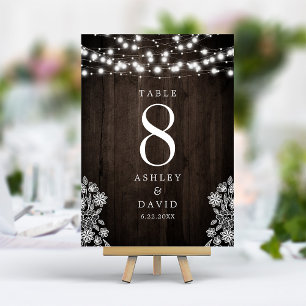 Numéro De Table Guirlande de lumières en dentelle et bois Mariage