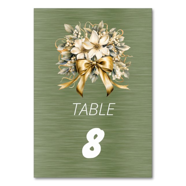 Numéro De Table Holly Blanc Feuille Verte Ruban Doré (Par défaut)