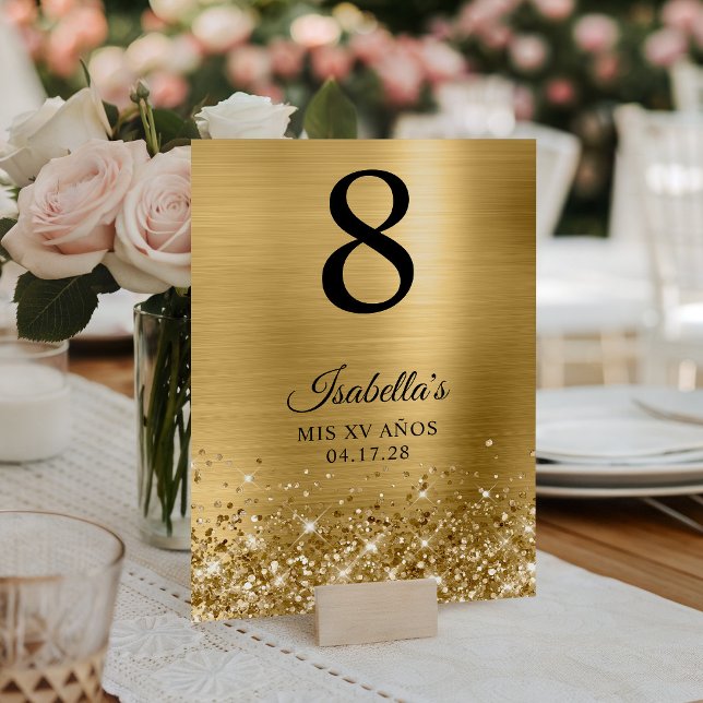 Numéro De Table Huile d'or Glitt Mis XV Anos (Glittery Gold Foil Mis XV Anos Table Number)