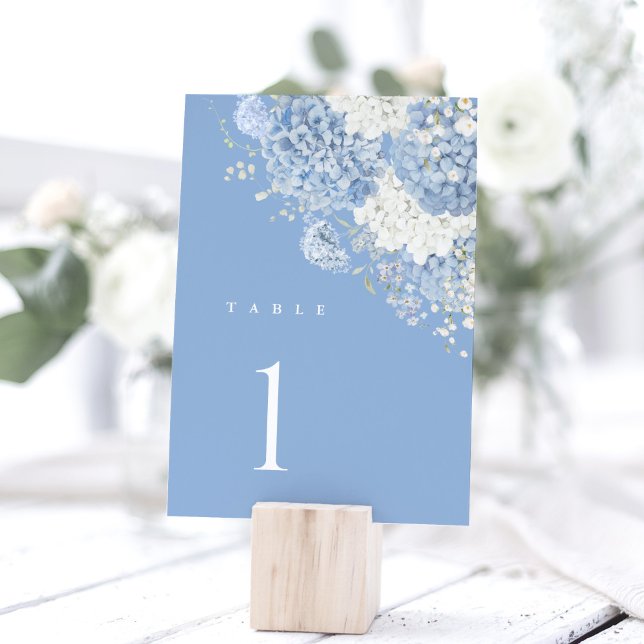 Numéro De Table Hydrangea Aquarelle Bleu Poussiéreux Floral (Dusty blue hydrangea table number card, watercolor floral wedding sign decor, wood block holder)