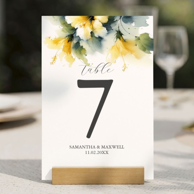 Numéro de table imprimable Hibiscus aquarelle (Wedding table numbers feature watercolor yellow hibiscus flowers personalized Do Tell A Belle)