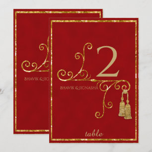 Numéro de table indien à pompon rouge et or