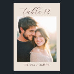 Numéro De Table Intimate Beige Minimalist Photo<br><div class="desc">This wedding table card features a minimalistic and modern design with a warm beige and light brown color palette, creating an intimate and serene atmosphere. The layout includes elegant cursive typography for "table 12" at the top and simple sans-serif text for customization at the bottom, ensuring readability and style. A...</div>