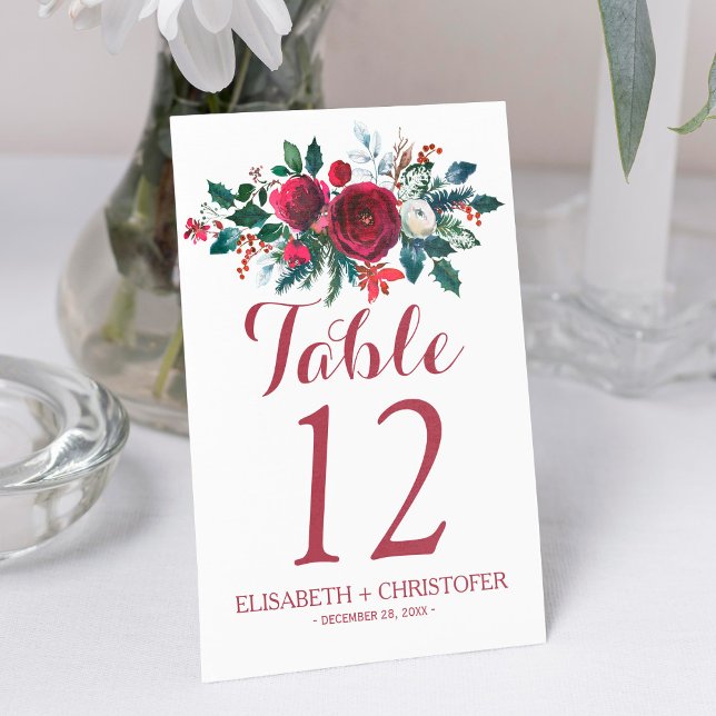 Numéro De Table Invité mariage de bouquet rouge d'hiver floral (Créateur téléchargé)