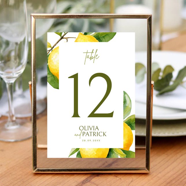 Numéro De Table Italie Méditerranéenne Grèce Citron Mariage Vibran (Mediterranean Italy Greece Lemon Vibrant Wedding Table Number.)