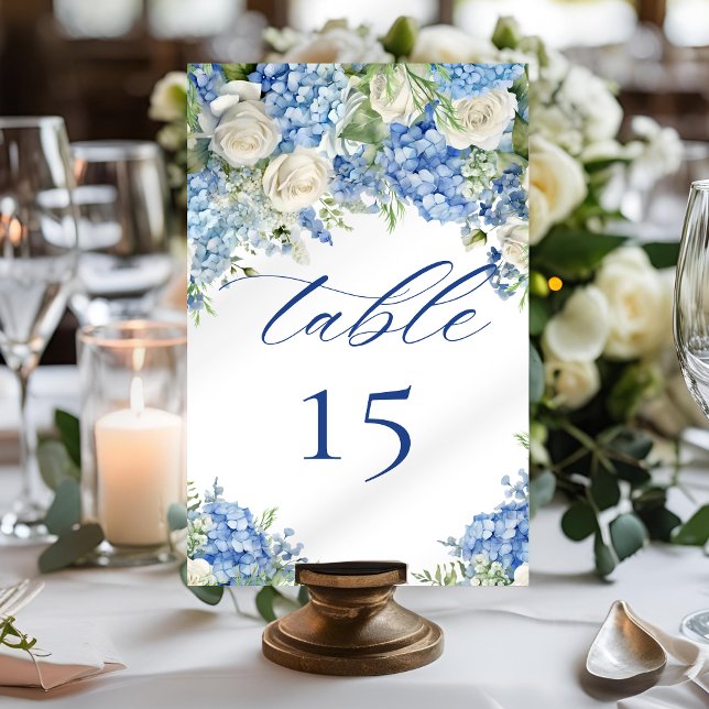 Numéro De Table Jardin anglais Blue Hydrangea White Roses Mariage (Créateur téléchargé)