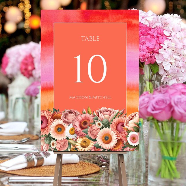 Numéro De Table Jardin Sunrise Rose Orange Aquarelle Fleurs (Créateur téléchargé)