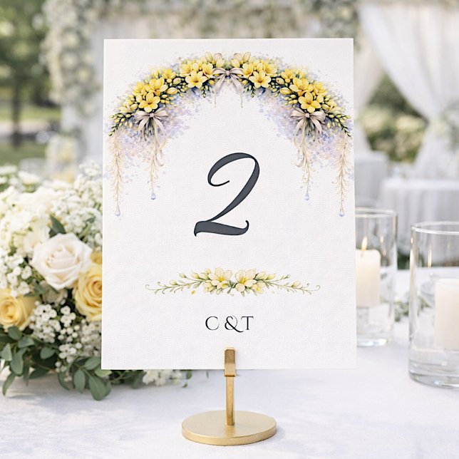 Numéro De Table Jaune Canari Freesia Florale Romantique Mariage (Créateur téléchargé)