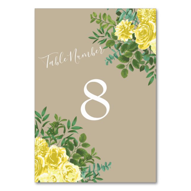 Numéro De Table Jaune clair et Rose écru kaki Mariage floral (Dos)
