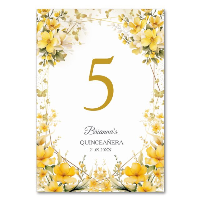 Numéro De Table Jaune Doré Floral Papillon Quinceañera  (Par défaut)