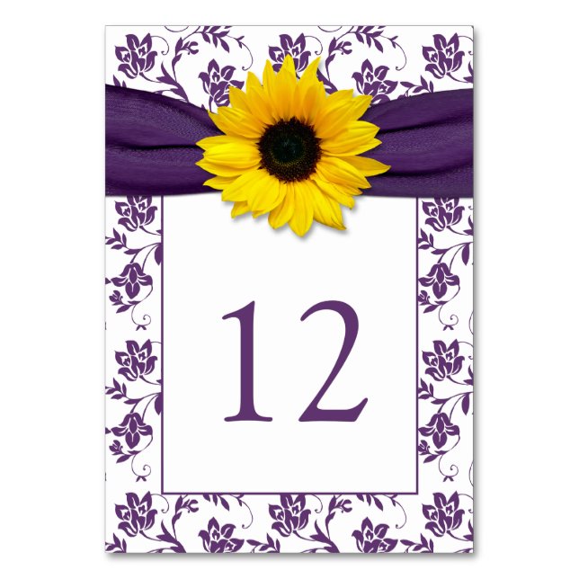 Numéro De Table Jaune pourpre Damask Sunflower Ribbon Mariage (Par défaut)