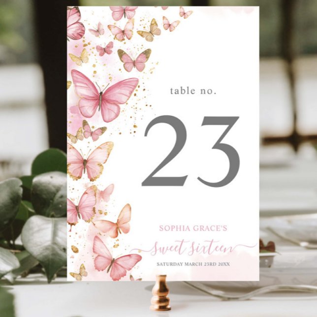 Numéro De Table Joli Papillons rose doux 16 Quince Anniversaire (Créateur téléchargé)