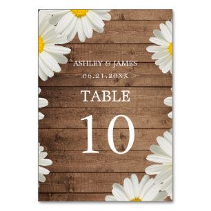 Numéro De Table Jolies marguerites Blanc Floral Rustique Bois Mari