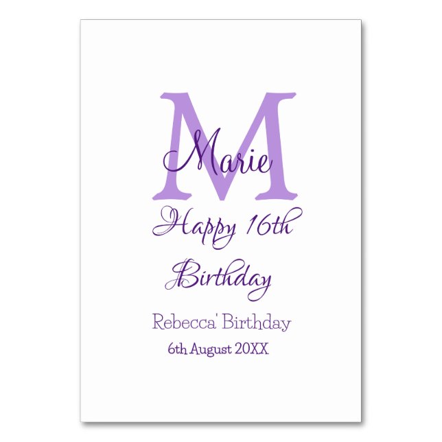 Numéro De Table Joyeux 16e anniversaire violet ajouter nom monogra (Par défaut)