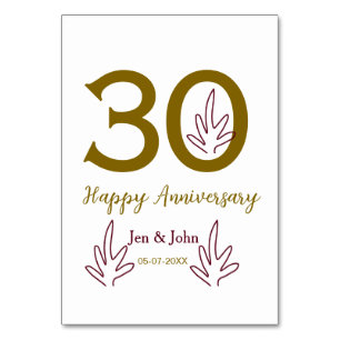 Numéro De Table Joyeux 30e anniversaire nom date feuille rouge dor