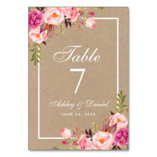 Numéro De Table Kraft Aquarelle Floral rose Mariage