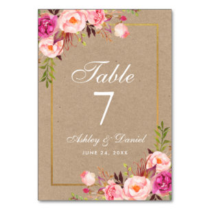 Numéro De Table Kraft Aquarelle Floral rose Mariage or