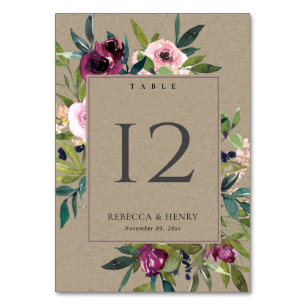 NUMÉRO DE TABLE KRAFT BRIGHT BLUSH BURGUNDY FLORAL BUNCH MARIAGE