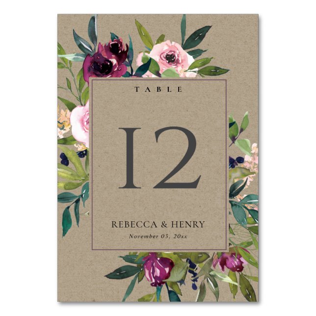 NUMÉRO DE TABLE KRAFT BRIGHT BLUSH BURGUNDY FLORAL BUNCH MARIAGE (Par défaut)