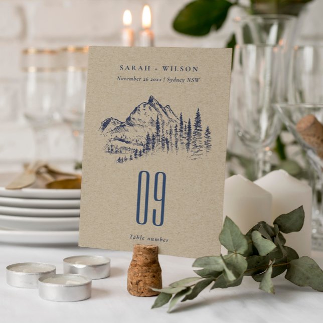 Numéro De Table Kraft Navy Pine Woods Mountain Sketch Mariage (Créateur téléchargé)