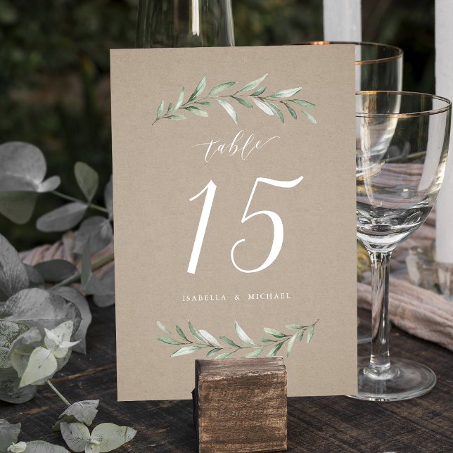 Numéro De Table Kraft simple calligraphie rustique mariage de verd (Kraft simple calligraphy rustic greenery wedding table number)