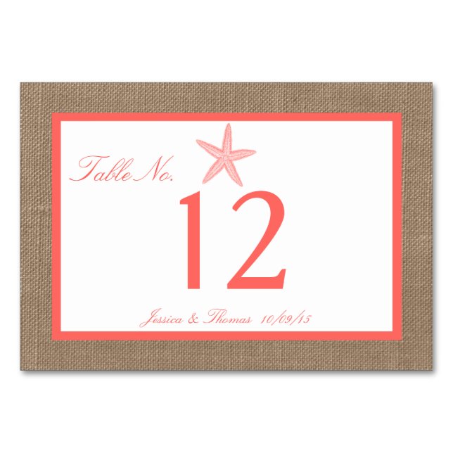 Numéro De Table La collection de mariages de Coral Starfish Burlap (Devant)