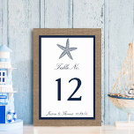 Numéro De Table La collection de mariages de la marine Starfish Bu<br><div class="desc">La collection de mariages de la marine sur la plage de burlap est parfaite pour tout couple qui planifie un mariage romantique en bord de mer. L'arrière - plan rustique effet burlap donne à ces cartes de numéro de table une allure boho-chic, tandis que le bleu marine nautique est un...</div>