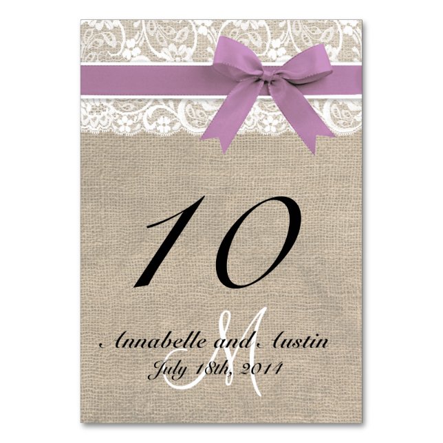 Numéro De Table Lace et Burlap Rustique Mariage Table Lavande (Dos)